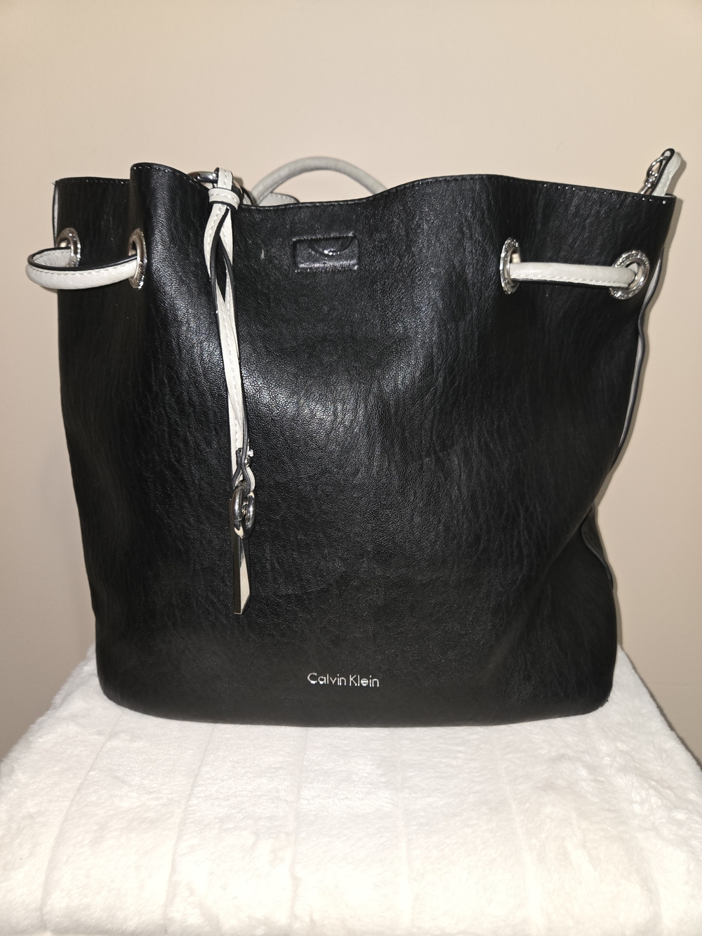Calvin Klein Black Tote with White Trim and Silver Hardware